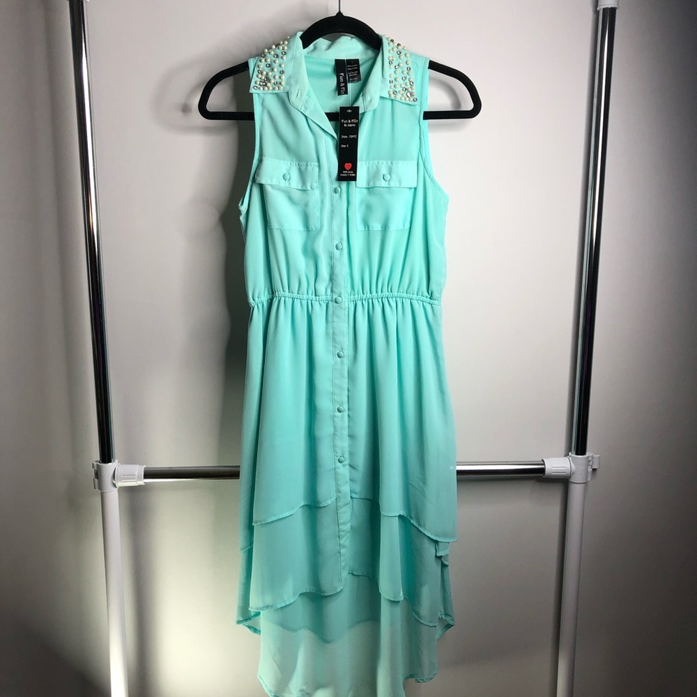 Fun & Flirt Mint Chiffon Hi-Low Studded Rhinestone Pearl Collar Small Dress